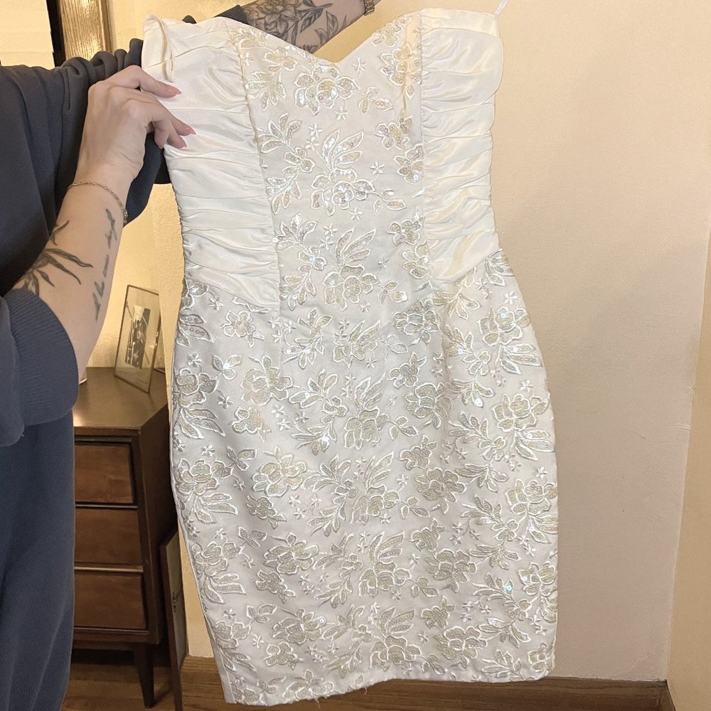 Gunne Sax Dress Strapless Sequin White Jessica McClintock Made in USA